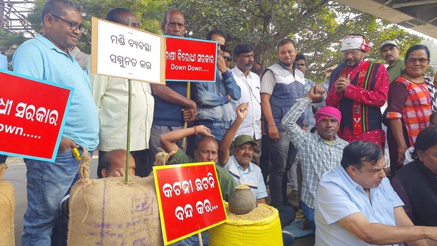 ସମ୍ବଲପୁରରେ ଚାଷୀଙ୍କ ଅଭିନବ ପ୍ରତିବାଦ, ଜିଲ୍ଲାପାଳଙ୍କ କାର୍ଯ୍ୟାଳୟ ସମ୍ମୁଖରେ ବସ୍ତା ରଖି ଖୁଚୁରାରେ ଧାନ ବିକିଲେ ଚାଷୀ