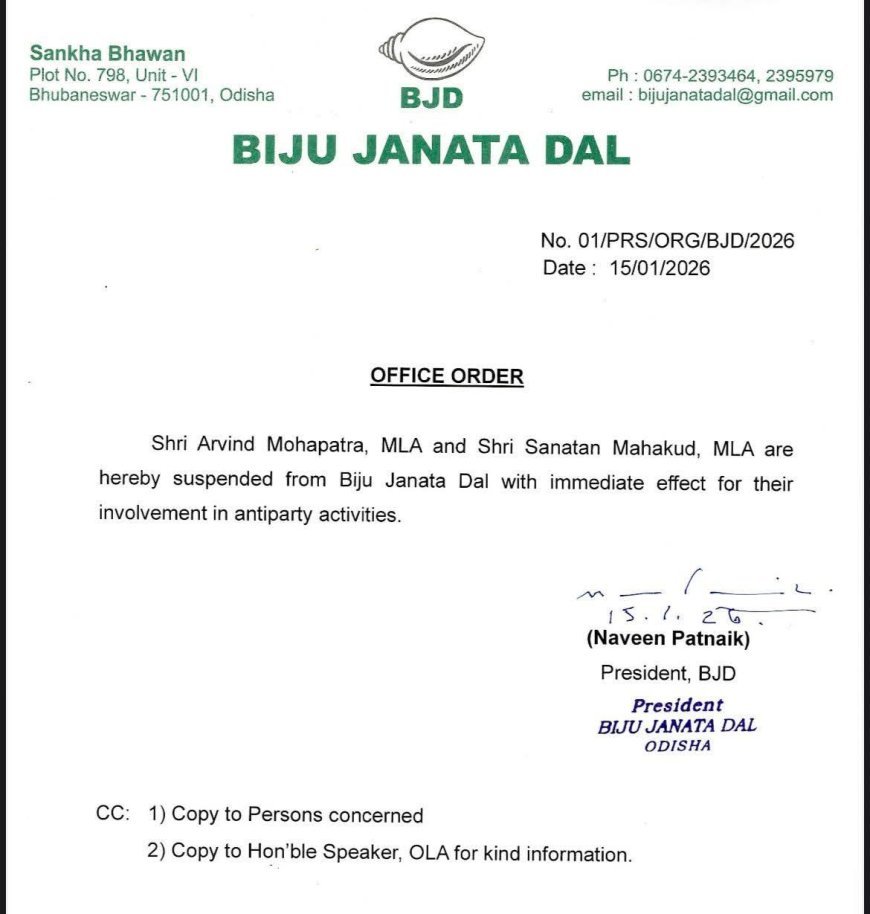 ବିଜେଡିରୁ ୨ ବିଧାୟକ ସସପେଣ୍ଡ, ଦଳ ବିରୋଧୀ କାର୍ଯ୍ୟ ପାଇଁ କାର୍ଯ୍ୟାନୁଷ୍ଠାନ